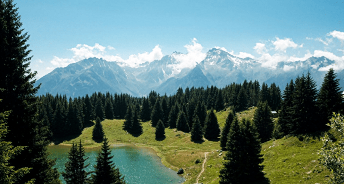 Paysage de montagne en été avec lacs, sapins et sommets