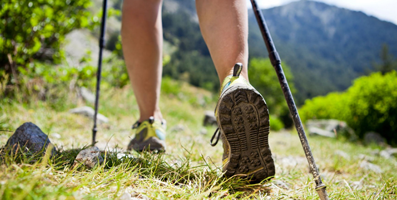 Randonneur et ses bâtons en marche dans la montagne l'été