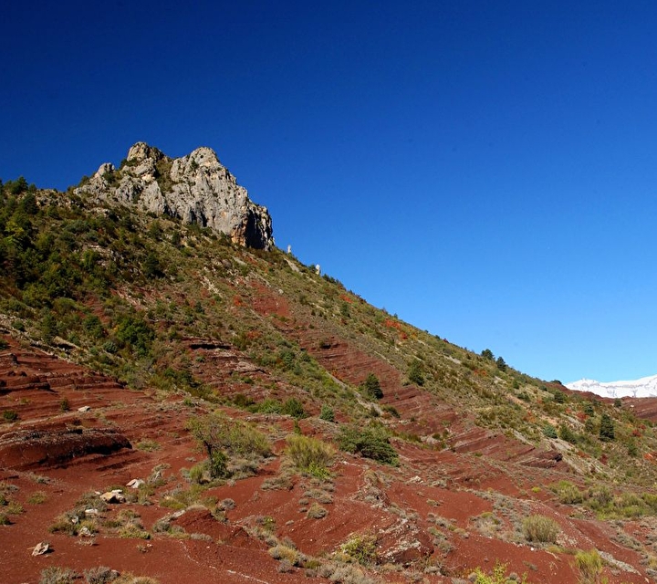 Paysage de montagne entre verdure et tons ocres sous un ciel limpide