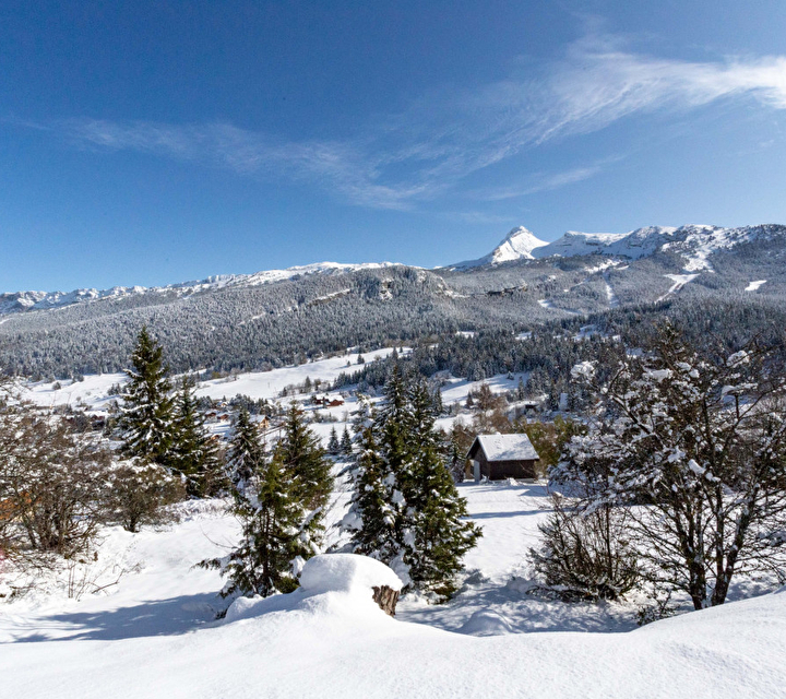 Vue sur la montagne en hiver et sur les chalets de Villard de Lans-Corrençon