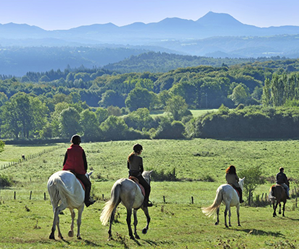 Groupe de personnes effectuant une balade à cheval en pleine nature face aux montagnes