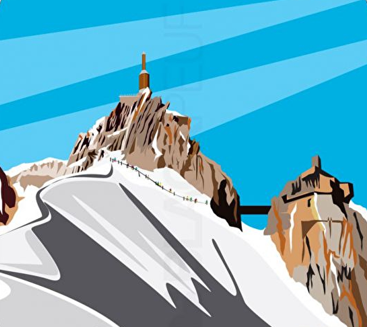 Illustration colorée représentant une vue sur les montagne enneigées où une équipée de personnes cherche à atteindre un monument au sommet