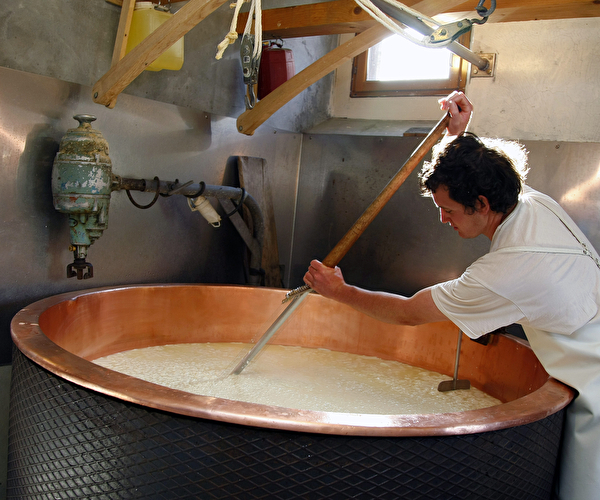 fabrication de fromage dans un chaudron spécialisé où le lait des alpages sert à la fabrication