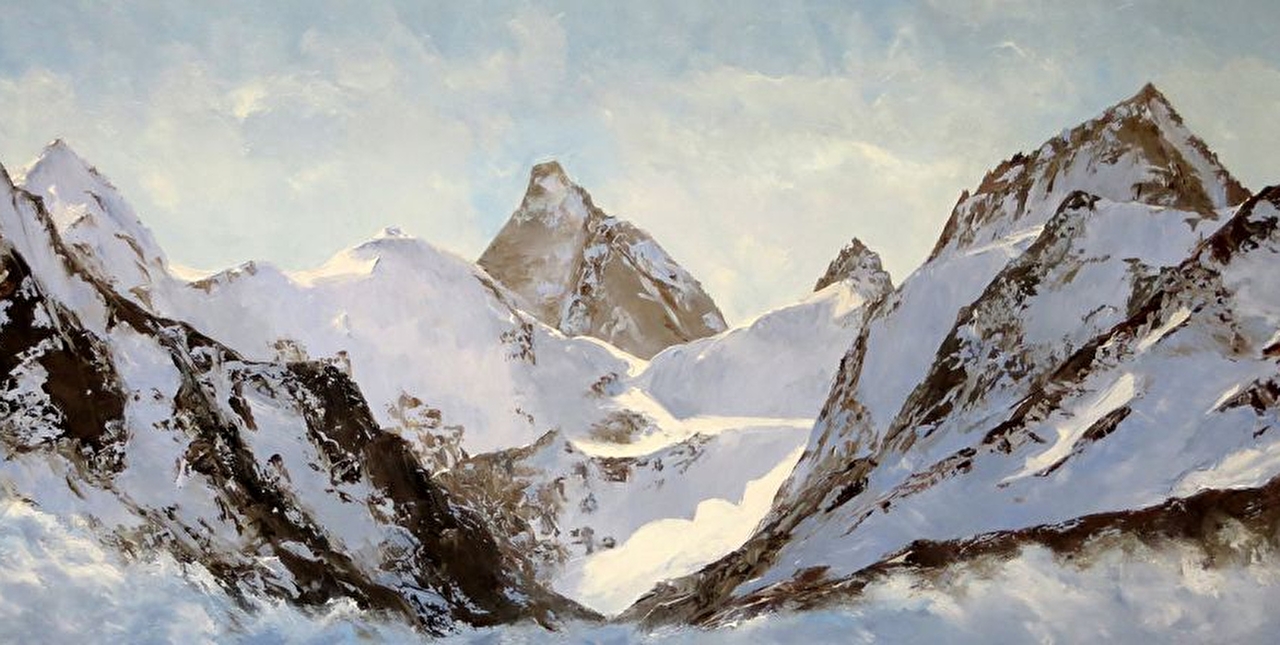 Oeuvre représentant un panorama sur les montagnes et sommets enneigés
