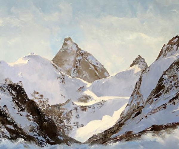 Oeuvre représentant un panorama sur les montagnes et sommets enneigés