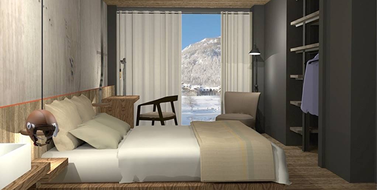 Intérieur d'une chambre à coucher avec lit double, décoration raffinée, espace bureau et vue sur les montagnes enneigées