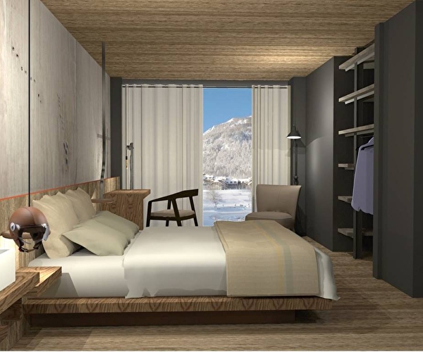 Intérieur d'une chambre à coucher avec lit double, décoration raffinée, espace bureau et vue sur les montagnes enneigées