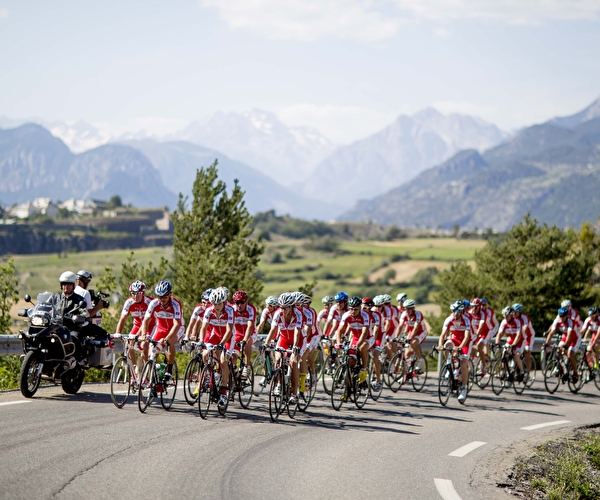 Equipée de cyclistes en montagne gravissant un e route qui monte l'été