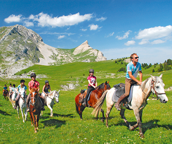 Groupe de personnes effectuant une randonnée à cheval sur un plateau verdoyant face aux montagnes l'été