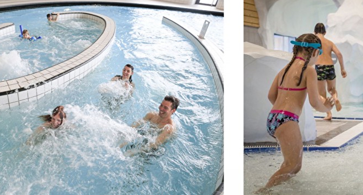 Vue sur des espaces aquatiques en piscine où plusieurs personnes et enfants profitent des bienfaits de l'eau