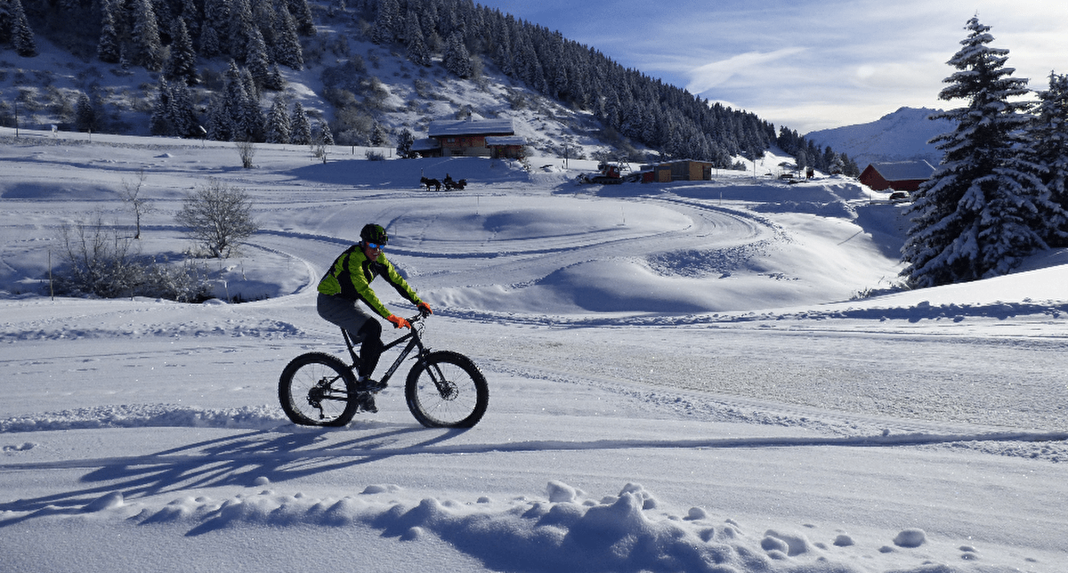 Personne sur un fat bike effectuant une randonnée dans la neige en montagne