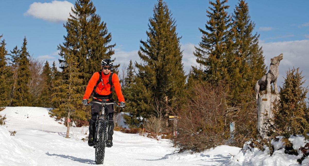 Personne sur un fatbike effectuant une randonnée dans la neige en montagne