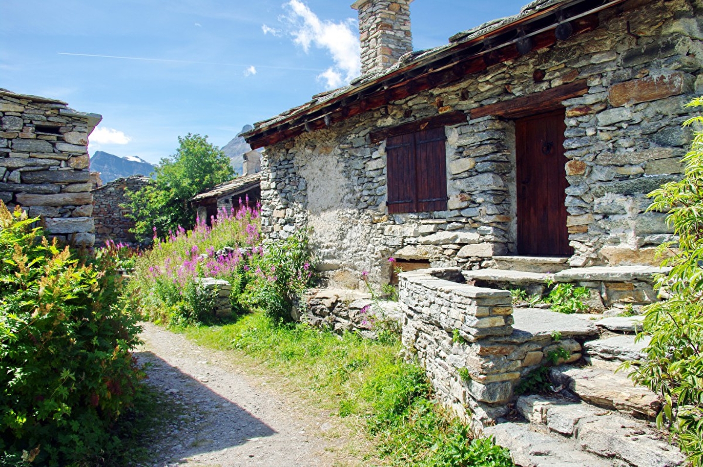 Hameau de Maison en pierre entouré d'arbustes et de fleurs
