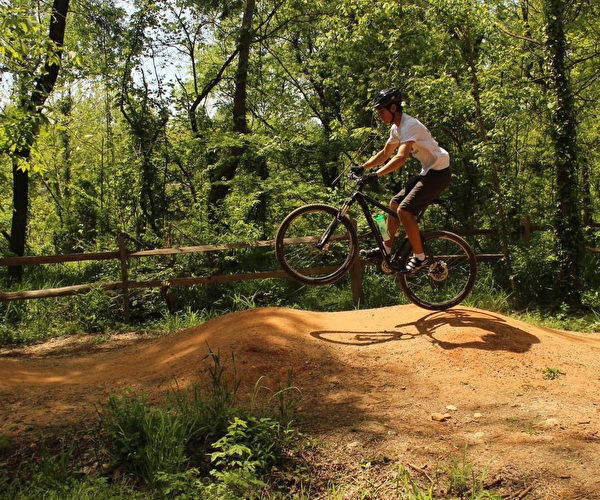 Personne équipée d'un casque effectuant du VTT sportif à travers la forêt