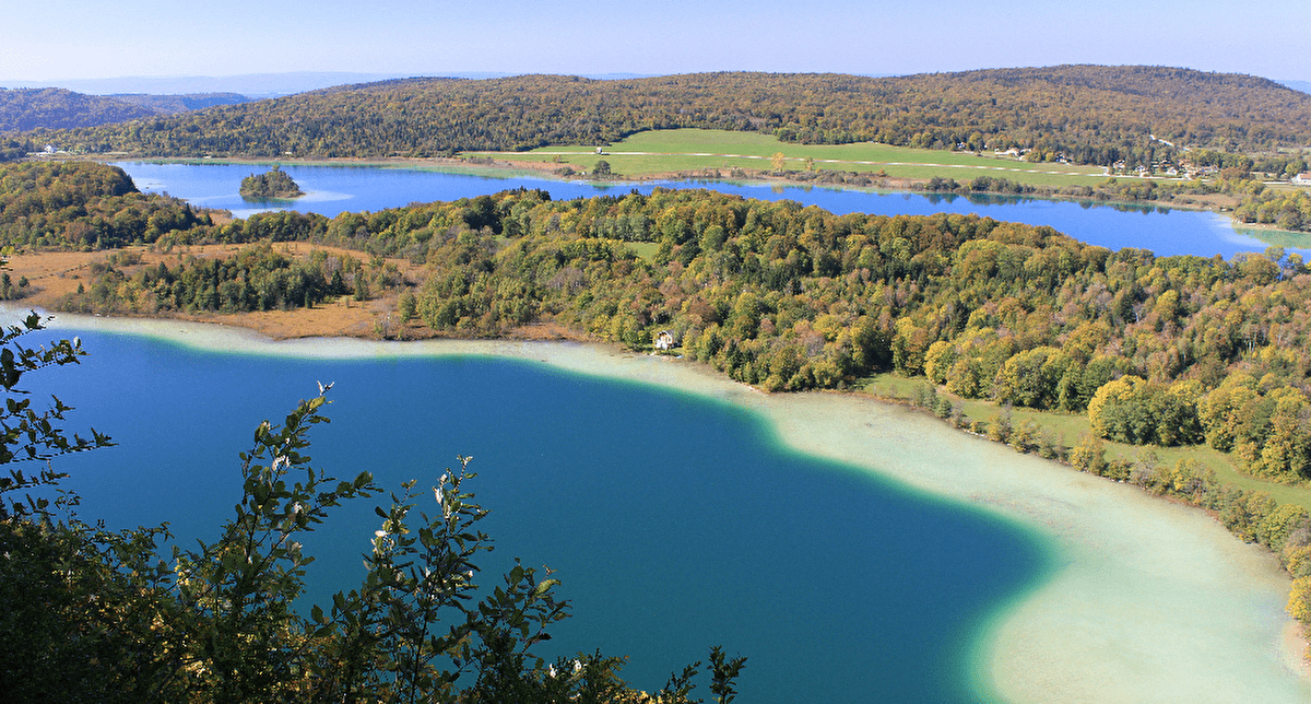 Vue panoramique sur les lacs et forêts de sapins, un mélange de couleurs allant du bleu au vert