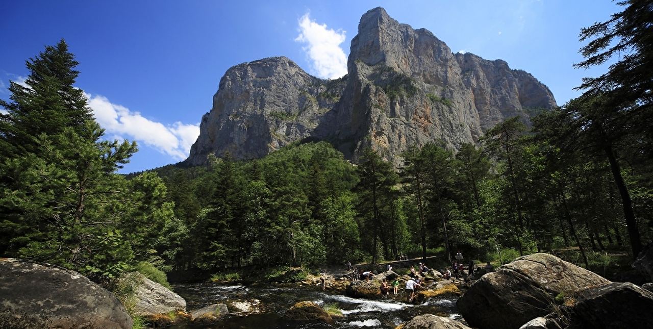 Groupe de personnes auprès d'une rivière entourée de sapins et d'arbres face à la montagne l'été
