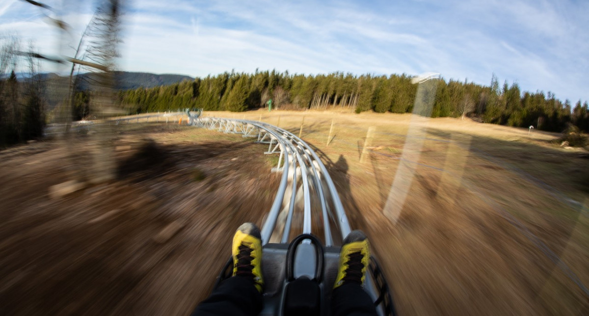 Vue sur les rails d'une descente de luge en montagne au milieu de la nature