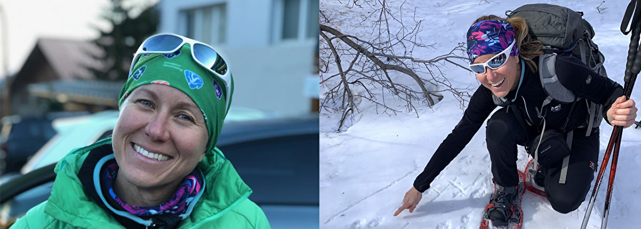 Femme équipée de vêtements chauds, de raquettes et bâtons en montagne
