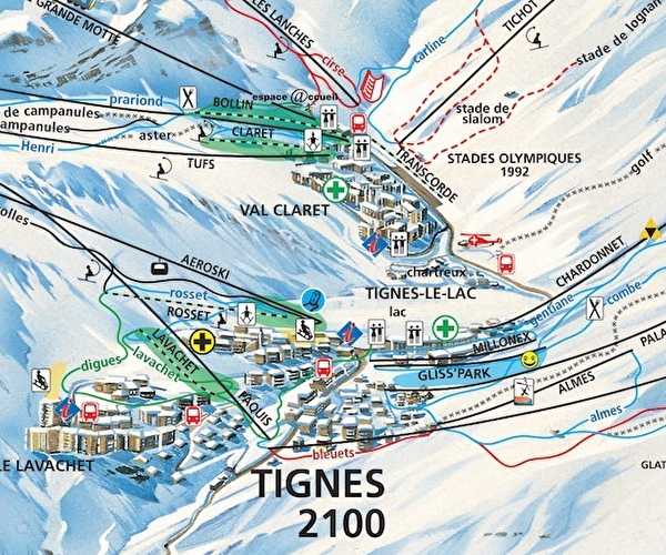 Plan des pistes de la station de Tignes avec visualisation des tracés, des couleurs de pistes et des installations à disposition des vacanciers
