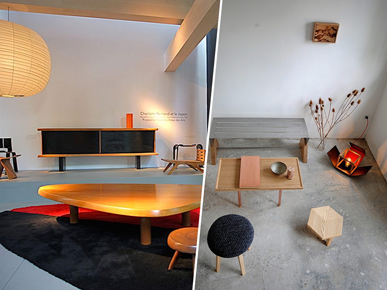 Espace intérieur qui présente différents meubles design comme des tables et des tabourets