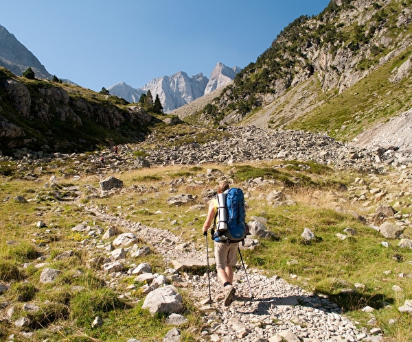 Personne effectuant une randonnée sur un chemin à travers la montagne verdoyante