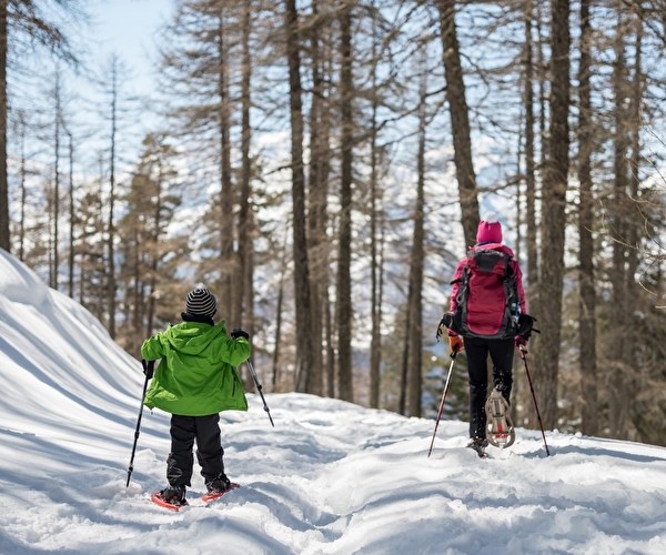 Adulte et enfant effectuant une randonnée en raquettes dans la neige en forêt l'hiver