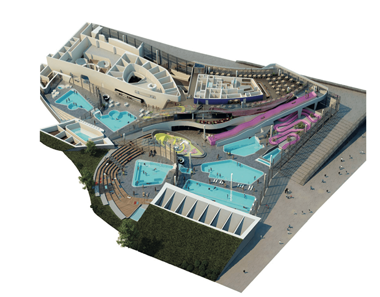 Plan intérieur en couleur de l'espace aqualudique présentant les différents espaces du lieu