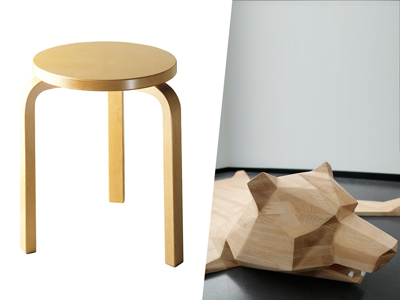 Tabouret et tête d'ours en bois repérés comme éléments de design en architecture
