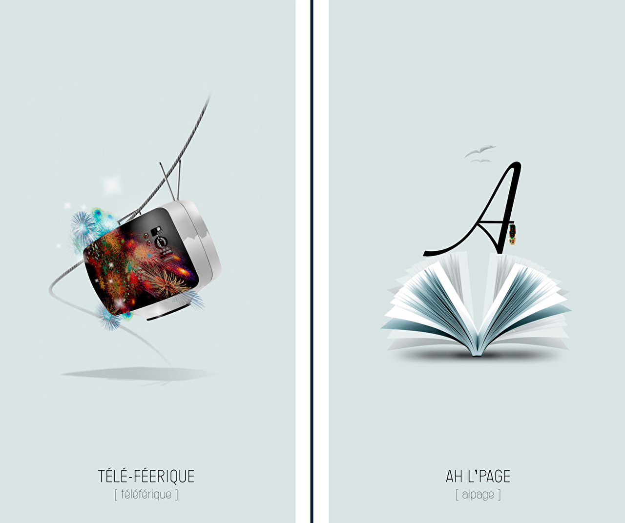 Oeuvres sous formes de dessins décalés représentant un téléphérique et un alpage