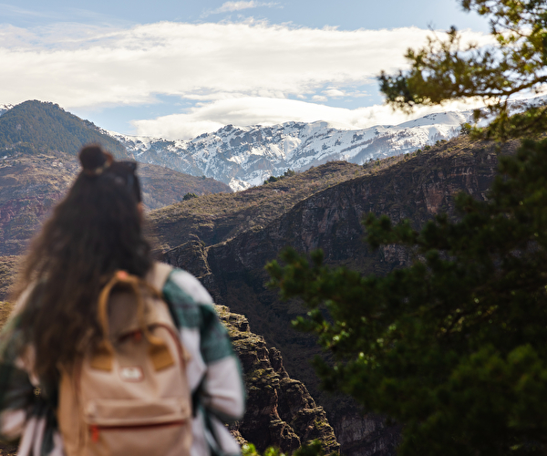 Femme avec son sac de randonnée qui contemple le paysage de montagne
