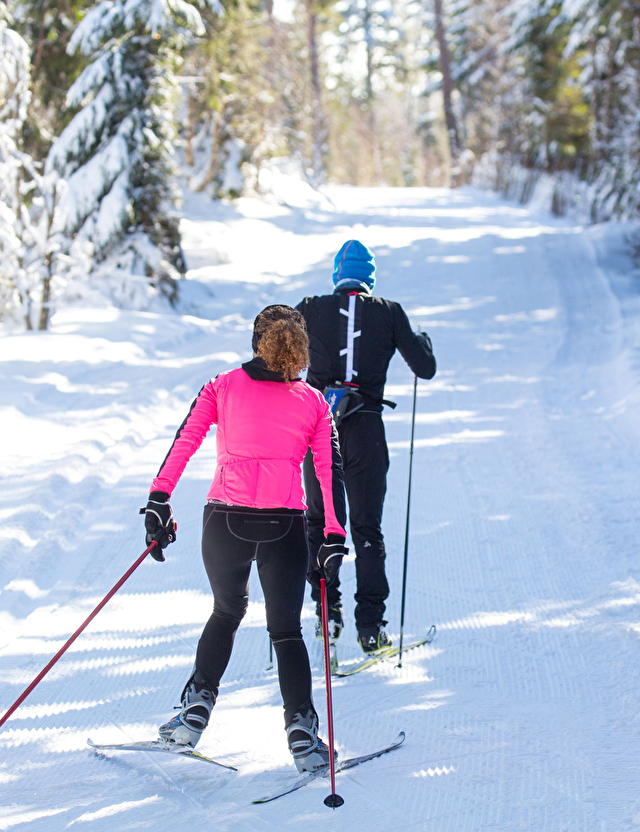 Un homme et une femme pratiquant le ski de fond dans la foret du Lac Blanc dans les Vosges