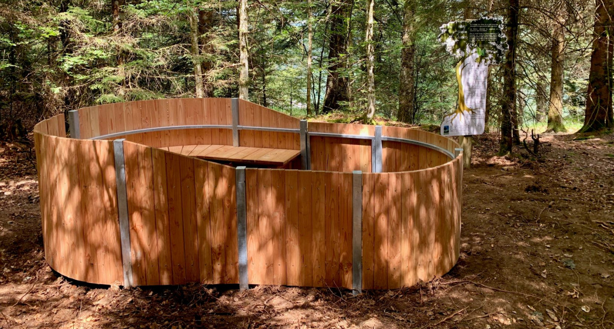 Vue sur un sylvatorium en bois en pleine forêts à travers les arbres
