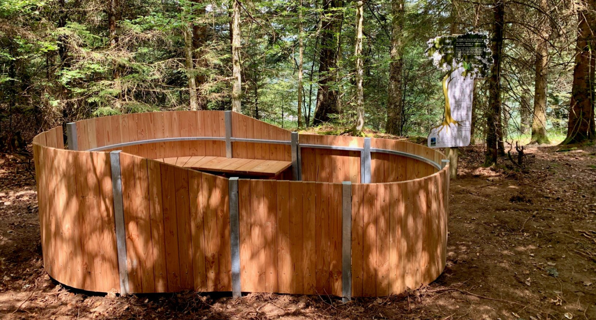 Vue sur un sylvatorium en bois en pleine forêts à travers les arbres