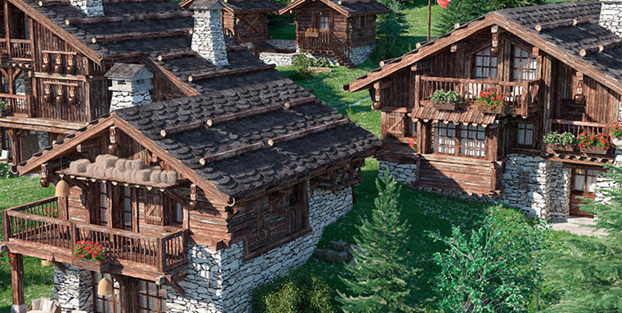 Vue sur des chalets en bois à étage situés en pleine nature, en montagne