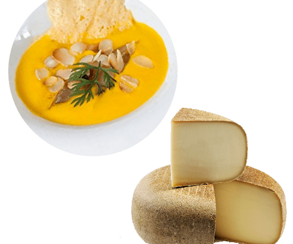 Vue sur un plat réalisé à partir d'une recette et sur le fromage correspondant
