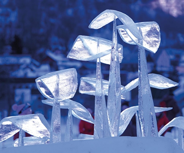 Sculpture de glace éclairée et taillée avec finesse et précision