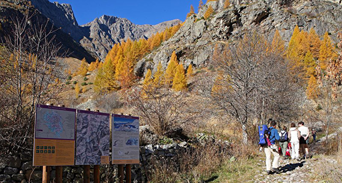 Equipée de personnes randonnant sur un chemin à travers les montagnes et les arbres
