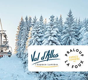 Liaison par télésiège au dessus des pistes et des sapins enneigés