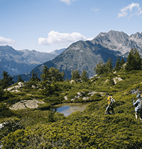 Randonnée en pleine nature dans les Alpes du Nord, avec deux marcheurs traversant des sentiers verdoyants entourés de montagnes majestueuses et d'un petit étang alpin sous un ciel bleu.